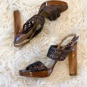 Valentino Garavani Wood Platform Sling Back Heels Metallic Bronze 8/38.5